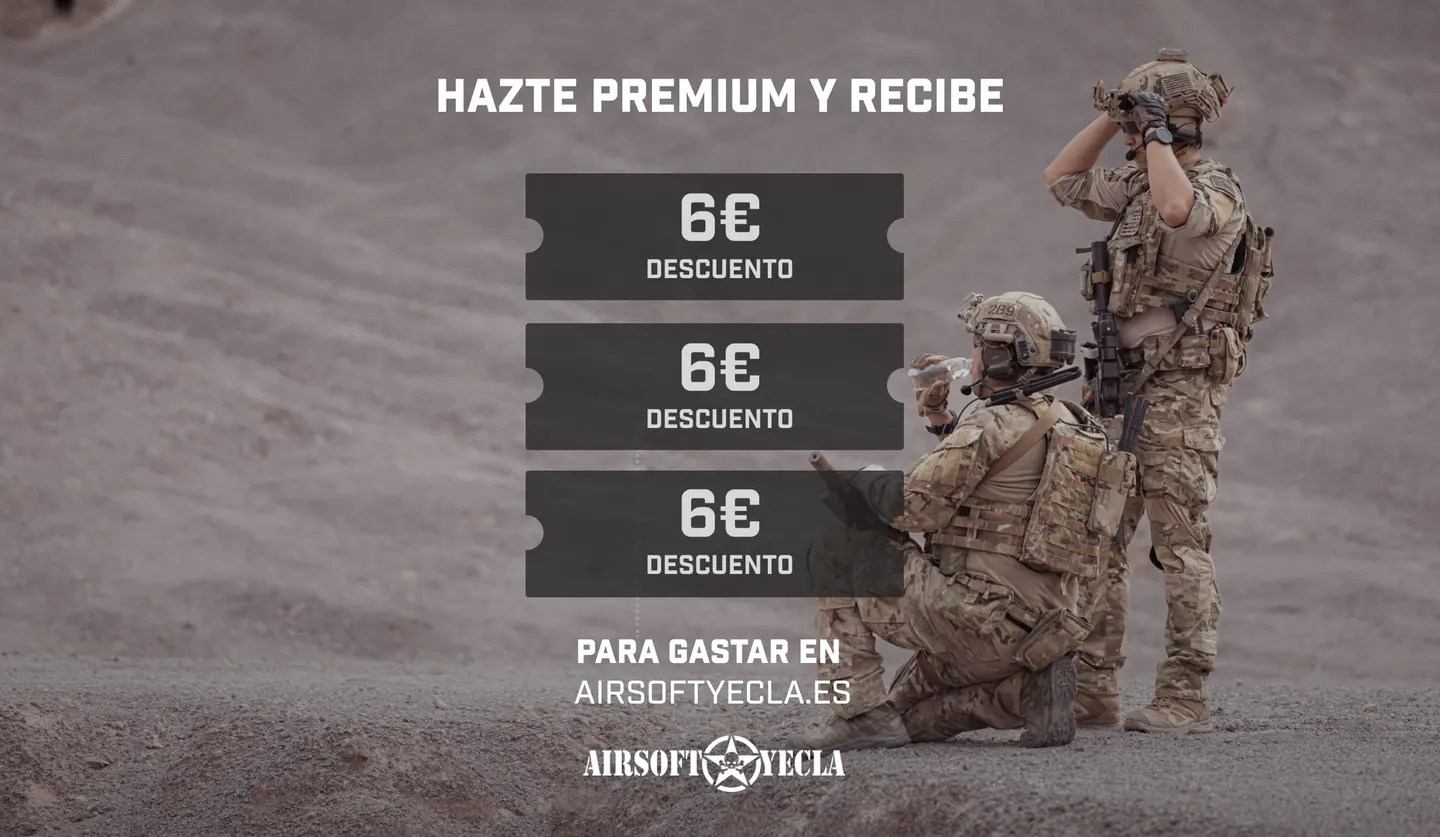 Tres cupones de 6 € de descuento para gastar en airsoftyecla.es, exclusivos de Plairsoft Premium