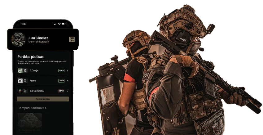 App de Plairsoft mostrando la interfaz de partidas públicas junto a jugadores de airsoft equipados